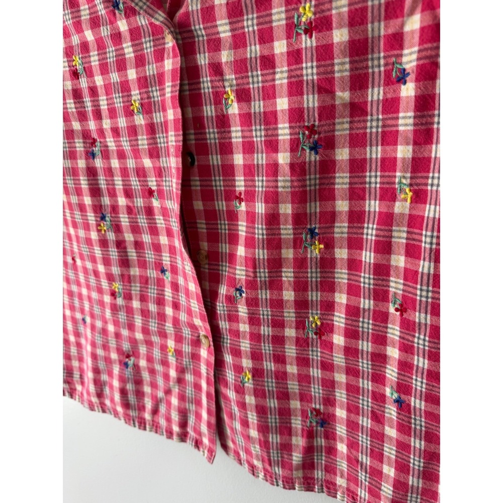 Krazy Kat Vintage Plaid Embroidered Floral Button Up Shirt Denim Collar Red L - Picture 7 of 8